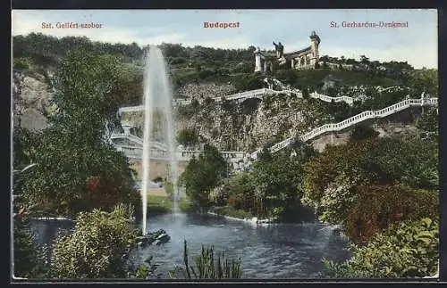 AK Budapest, St. Gerhardus-Denkmal mit Anlagen und Fontäne