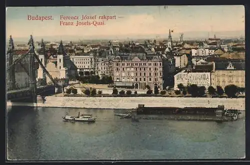 AK Budapest, Franz Josefs-Quai mit Dampfer