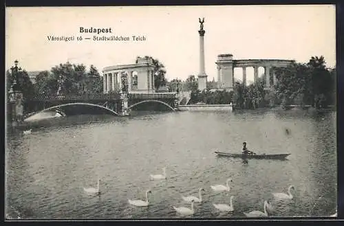 AK Budapest, Stadtwäldchen-Teich mit Denkmal