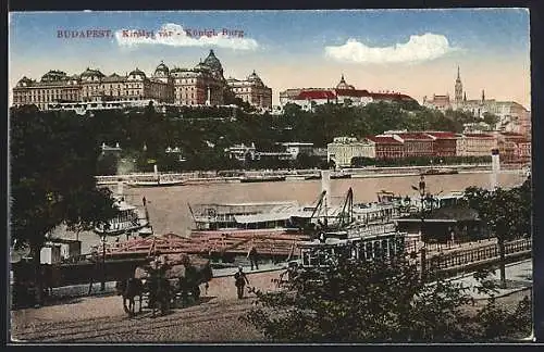 AK Budapest, Königliche Burg mit Dampfer und Strassenbahn