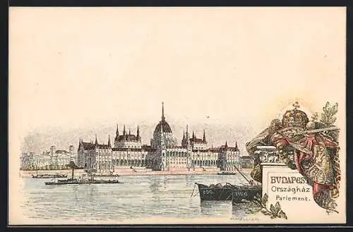 Lithographie Budapest, Parlament mit Donaupartie