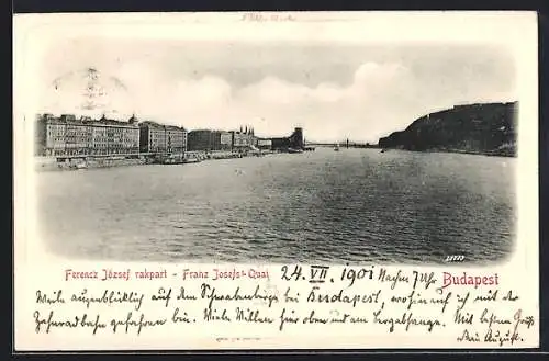 AK Budapest, Franz Josefs-Quai mit Donaupartie