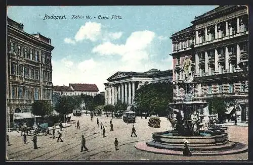 AK Budapest, Calvin-Platz mit Brunnen und Strassenbahn