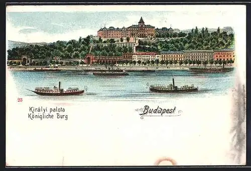 Lithographie Budapest, Flusspartie mit Königlicher Burg