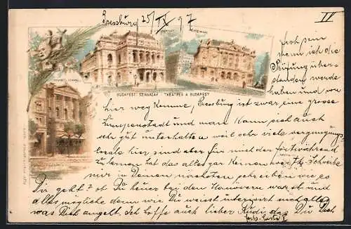 Lithographie Budapest, Szinhazak, Nemzeti Szinhaz, K. k. Opera, Nepszinhaz