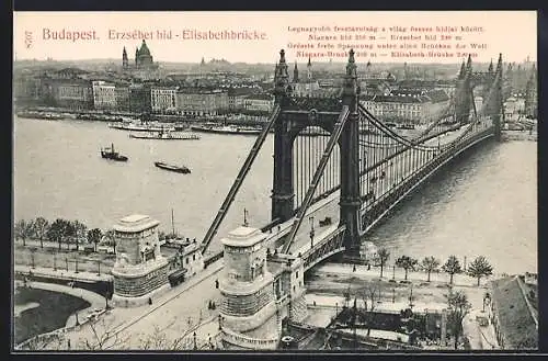 AK Budapest, Die Elisabethbrücke über der Donau