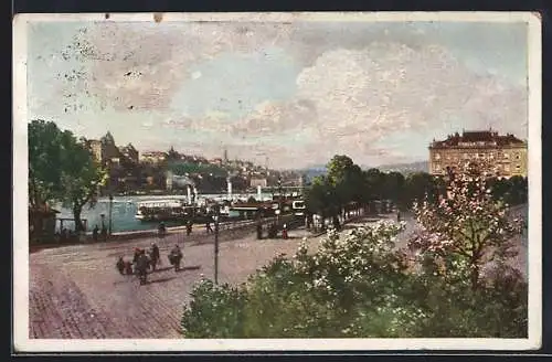Künstler-AK Budapest, Petöfi-Platz mit Anleger und Dampfer