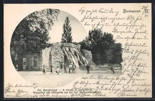 AK Budapest, Wasserfall und Heilquelle auf der Sct. Margarethen-Insel