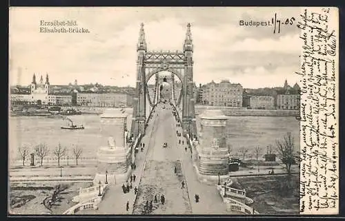 AK Budapest, Elisabeth-Brücke mit Passanten aus der Vogelschau