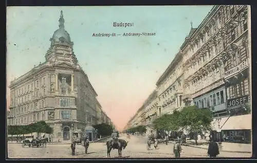 AK Budapest, Andrássy-Strasse mit Passanten und Geschäften