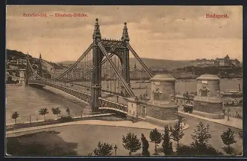 AK Budapest, Elisabeth-Brücke mit Donaupartie