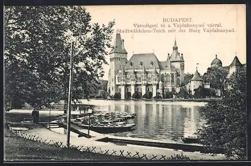 AK Budapest, Stadtwäldchen-Teich mit der Burg Vajdahunyad