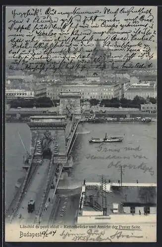 AK Budapest, Kettenbrücke und Ansicht der Pester Seite