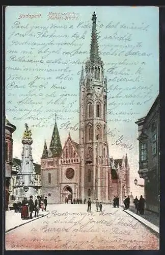 AK Budapest, Mathias-Kirche mit Passanten