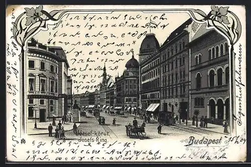 Lithographie Budapest, Josefs-Ring, Strassenansicht