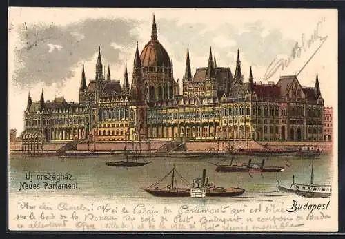 Lithographie Budapest, Neues Parlament, Dampfer