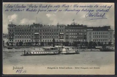 AK Budapest, Hotel Hungaria und Bristol, Dampfer