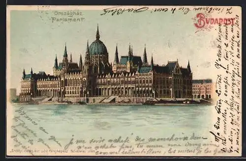 Lithographie Budapest, Országház, Blick zum Parlament