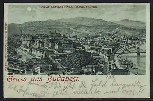 Mondschein-Lithographie Budapest, Donau Kettenbrücke, Marg. Brücke