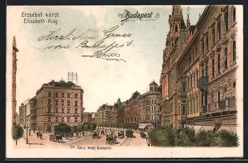 Lithographie Budapest, Elisabeth-Ring, Strassenansicht