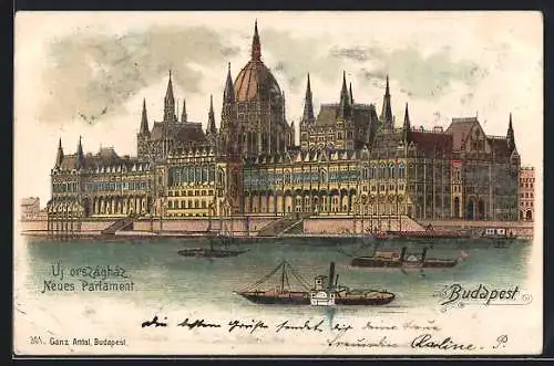 Lithographie Budapest, Neues Parlament und Dampfer