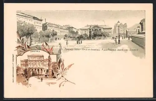Lithographie Budapest, Akademia, Ferencz Jozsef ter es az Akademia, Ganzsache