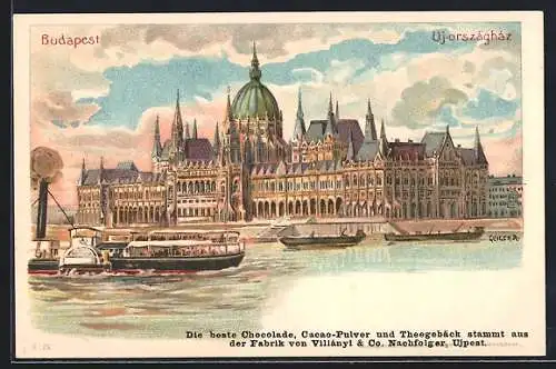 Lithographie Budapest, Ujországház, Parlamentsgebäude, Dampfer