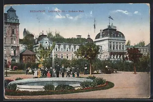 AK Budapest, Lukacs Bad, Kinder posieren beim Springbrunnen