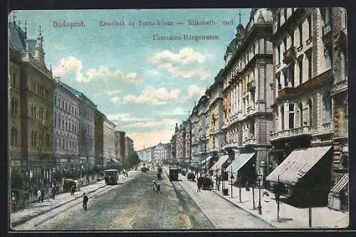 AK Budapest, Theresien-Ringstrasse mit Strassenbahnen