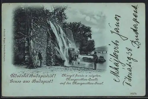 Mondschein-AK Budapest, Margarethen-Quelle auf der Margarethen-Insel