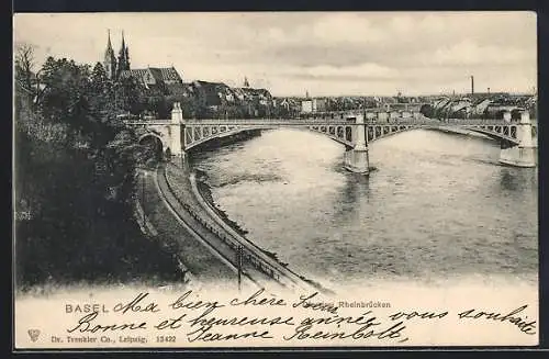 AK Basel, Blick auf die drei Rheinbrücken