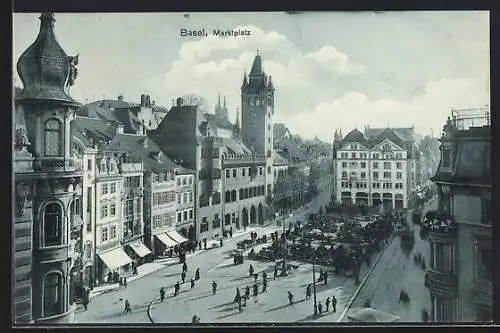 AK Basel, Marktplatz mit Kaffeerösterei E. Riggenbach