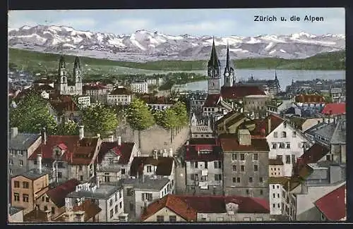 AK Zürich, Totalansicht und die Alpen