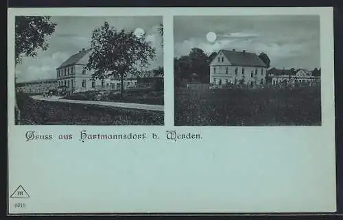 Mondschein-AK Hartmannsdorf / Chemnitz, Gasthaus mit Strassenpartie