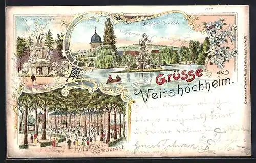 Lithographie Veitshöchheim, Hofgarten-Restaurant, Orpheus-Gruppe, Pegasus-Gruppe