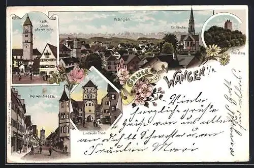 Lithographie Wangen / Allgäu, Herrenstrasse, Kath. Stadtpfarrkirche, ev. Kirche, Ruine Prassberg