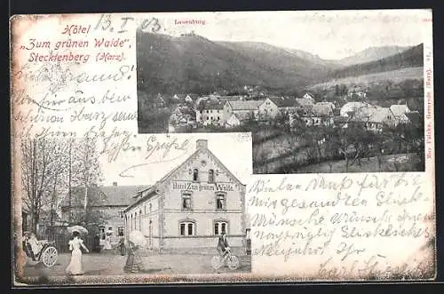 AK Stecklenberg, Partie am Hotel Zum grünen Walde, Ortsansicht mit Lauenburg