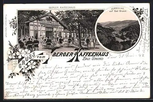 Lithographie Bad Grund, Iberger Kaffeehaus, Fernsicht auf den Ort