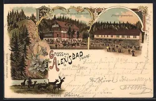 Lithographie Alexisbad / Harz, Hotel zur goldenen Rose, Hotel zur Klostermühle