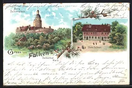 Lithographie Pansfelde, Gasthaus zum Falken, Burg Falkenstein