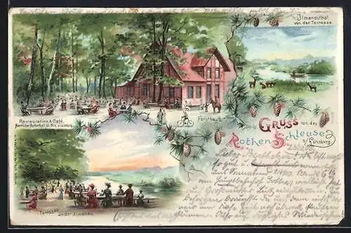 Lithographie Lüneburg, Restaurant-Café Rothen Schleuse, Terrasse an der Ilmenau