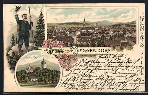 Lithographie Deggendorf, Schloss Egg, Wanderer & Ortsansicht