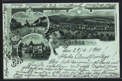 Mondschein-Lithographie Sachsa a. Südharz, Badehaus, Marktplatz und Panorama bei Nacht