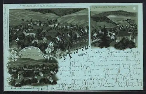 Mondschein-Lithographie Altenau i. Harz, Schützenklippe, Totalansicht und Ansicht vom Schwarzenberg