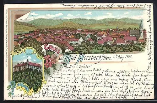 Lithographie Bad Herzberg i. Harz, Schloss und Panorama