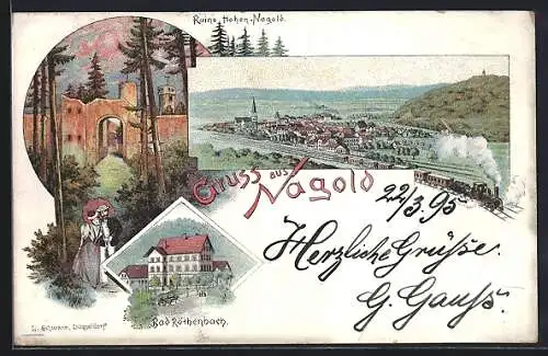 Lithographie Nagold, Ruine Hohen-Nagold, Bad Röthenbach und Bahn