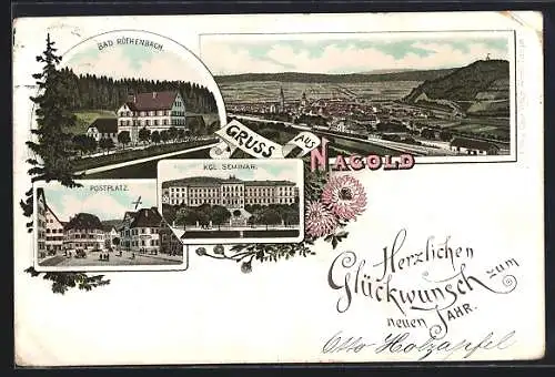 Vorläufer-Lithographie Nagold, 1894, Bad Röthenbach, Postplatz und Kgl. Seminar