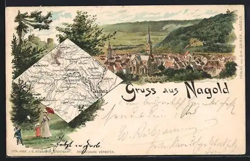 Lithographie Nagold, Ortsansicht und Landkarte mit Oberneck und Altensteig