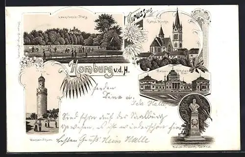 Lithographie Homburg v. d. H., Lawn-tennis-Platz, Weisser-Thurm und Kathol. Kirche