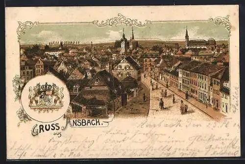 Lithographie Ansbach / Mfr., Teilansicht und Wappen